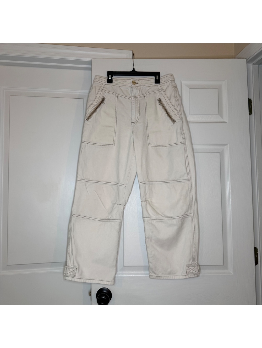 Free People Misty Road Utility Crop Pants Jeans Ivory Off White Womens Sz 10